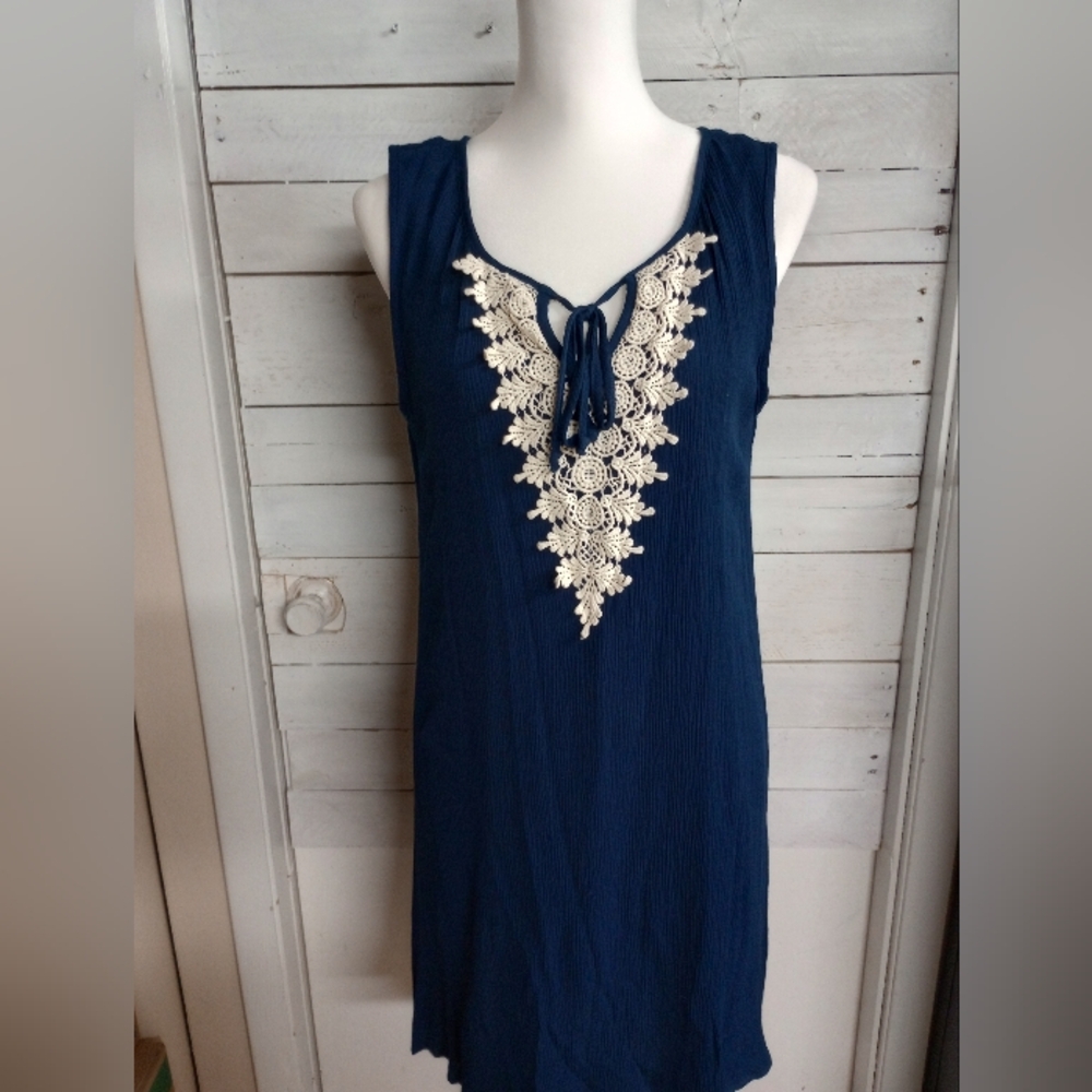 🌹NAIF Women's Petite XL Dark Blue Lined Sleeveless Dress with Crochet Appliques